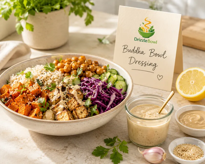 Cremiges Dressing für Buddha Bowl mit Reis, Gemüse, Tofu und frischen Kräutern